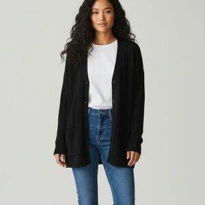 Pointelle Ribbed Long Black Knit Cardigan